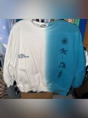 Zara White & Teal Dip-Dye Surf Graphic Crewneck Sweatshirt